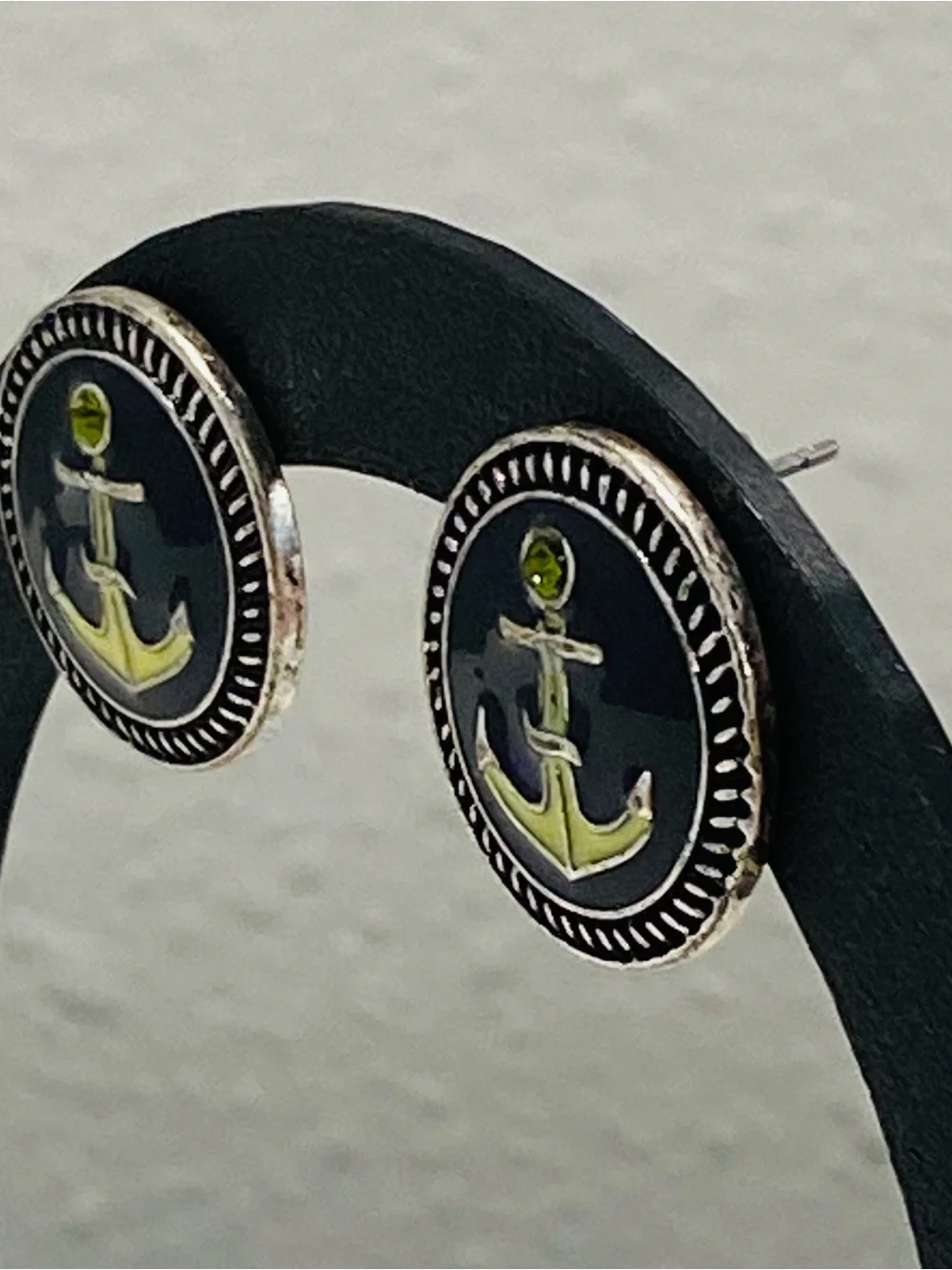 Navy Blue Nautical Green Rhinestone Anchor Post Earrings Textured Rope Border